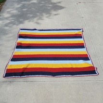 VTG Homemade MCM Striped Fall Afghan Throw Blanket Blue Maroon Yellow 51... - $37.46