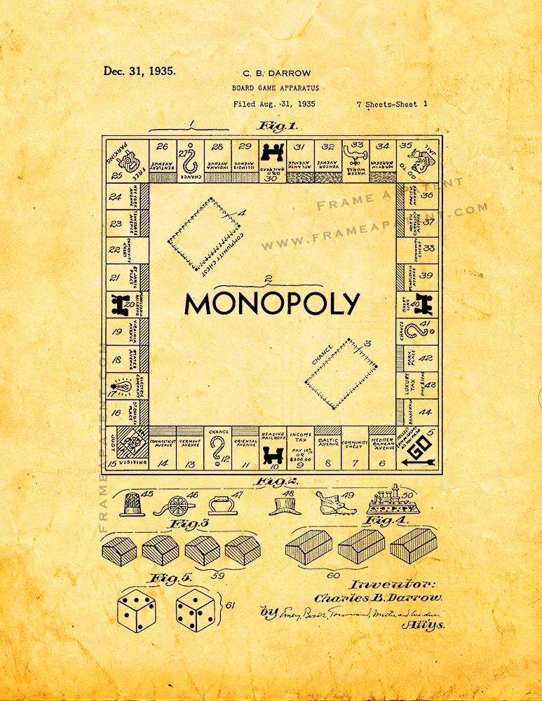 Monopoly Game Patent Print - Golden Look