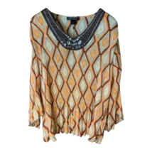 Ashley Stewart Womens Blouse Multicolor Ikat Long Sleeve Rhinestone Plus 12W - £14.87 GBP