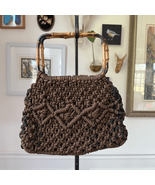 Vintage 70s Macrame Bamboo Handled Satchel Hand Bag Purse Brown - $529.20 MXN