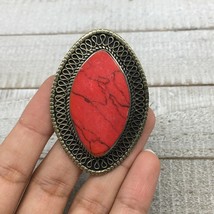 Antique Afghan Turkmen Tribal Marquise Red Coral Inlay Kuchi Ring Boho Size 7 TR - £7.50 GBP