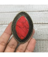 Antique Afghan Turkmen Tribal Marquise Red Coral Inlay Kuchi Ring Boho S... - £7.60 GBP