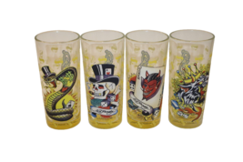 Set of 4 Ed Hardy Tattoo Pint Tall 16oz Drinking Glasses Gambling Bar Glassware - $28.70