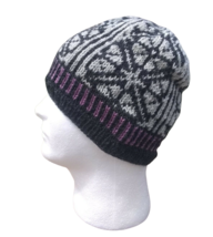Womens Unisex Fair Isle Beanie Hat Gray Rose Viking Skully Hand Knit Wool Nordic - £41.11 GBP