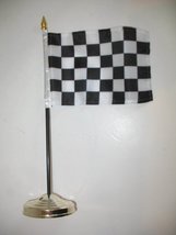 Checkered Checker Racing Flag 4&quot;x6&quot; Desk Set Table Stick Gold Base - £4.68 GBP