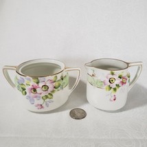 VTG Nippon Creamer and Sugar Bowl Hand Painted Pink Floral &amp; Gold Gilt - £11.69 GBP