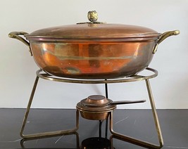 Vintage Hammered Copper Round Chafing Dish with Brass Finial, Handles and Stand - $593.01