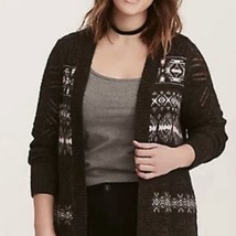 Torrid Cardigan Womens 1 Charcoal Gray Pink Nordic Fair Isle Open Front Knit 1X - £12.72 GBP