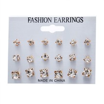 FAMSHIN 9 Pairs/set Mix Design Square Crystal Stud Earrings Piercing Gold Silver - £6.59 GBP
