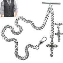 Albert Chain Silver Color Pocket Watch Chain CROSS Fob Swivel Clip T Bar AC150 - £12.62 GBP