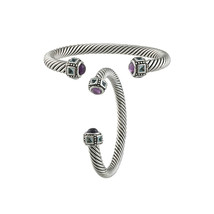 CLASSIC Balinese Purple Amethyst Crystals Dots Texture Silver Cable Cuff Bracele - $29.99