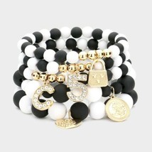 Black White Gold Lock Beads MultiLayered Stretch Bracelet Cute Fashion Accessory - $33.66