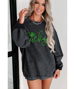 Black Shiny Lucky Clover Corded Drop Shoulder Sweatshirt - $33.49