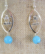 Silver Dangle Pierced Earrings Sky Blue Bead Rhinestones - £4.20 GBP