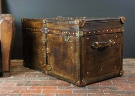 Vintage English Handmade Bridle Leather Steamer Trunk - Antique Leather Trunk - £695.61 GBP