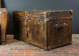 Vintage English Handmade Bridle Leather Steamer Trunk - Antique Leather Trunk - £707.81 GBP