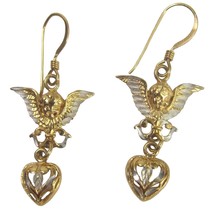 Sterling Silver 925 Gold Plated Vermeil Cherub Angel Earrings Dangle Heart Cupid - £31.47 GBP