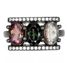 All Natural Unheated Tourmaline &amp; Cz Black Rhodium Sterling Silver Ring Size 6 - £79.62 GBP