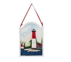 MidwestCBK Lighthouse Scene Christmas Ornament Plaque Coastal Nautical Ribbon - £7.88 GBP
