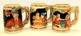 Vintage Ceramic Hand Painted German Folk Art Beer Mug Stein Set Of 3 Decorative - £24.92 GBP