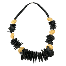 Boho Unique Wooden Beaded Chips Necklace 30&quot; Carved Shell Beads Chunky  - £17.25 GBP