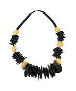 Boho Unique Wooden Beaded Chips Necklace 30&quot; Carved Shell Beads Chunky  - £17.23 GBP