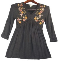 Arizona Jean Co XS Womens Blouse Black Embroidered Floral Boho Empire Waist - £10.58 GBP