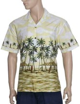 KY&#39;S Mens Hawaiian Shirt Yellow Multicolor Surfing Oasis Palm Trees Cotton - £45.94 GBP