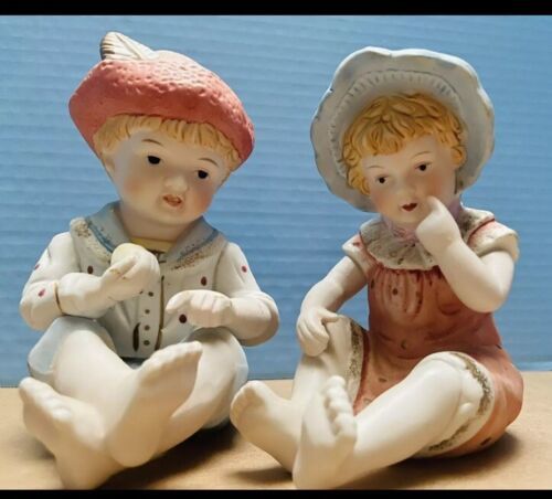 Vintage Bisque Piano Babies 2 Figurines Boy and Girl Andrea by Sadek 7-in - $27.23
