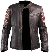 UK Flag Union Jack Race Distressed Brown Leather Jacket Slimfit Motorcycle Rider - £79.92 GBP