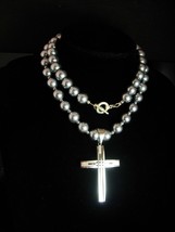 LARGE Modernist Cross necklace signed pearl necklace 30&quot; Religious gift Gothic n - £115.26 GBP