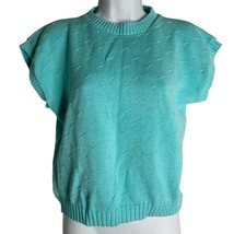 Vintage 80s Short Sleeve Knit Sweater S Teal Cotton Dolman Round Neck Ribbed - £29.69 GBP