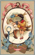 Valentine&#39;s Day Boy Girl Hide Behind Fan 1910c postcard - £5.19 GBP