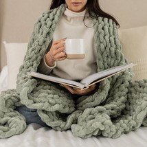 - Chunky Knit Blanket - Queen Size Sage Green Throw Blanket Cozy Soft Throw Blan - £139.61 GBP