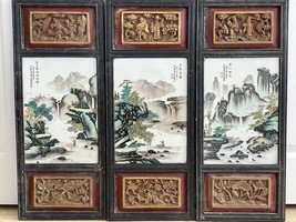 Antique Chinese 3 Framed Hand Painted Porcelain Scenic Landscape Tiles Plaques - £11,732.67 GBP