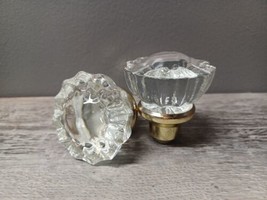 Vintage 2&quot; Clear Crystal 12-Point Glass &amp; Brass Door Knob Handles Lot Of 2 - $19.26