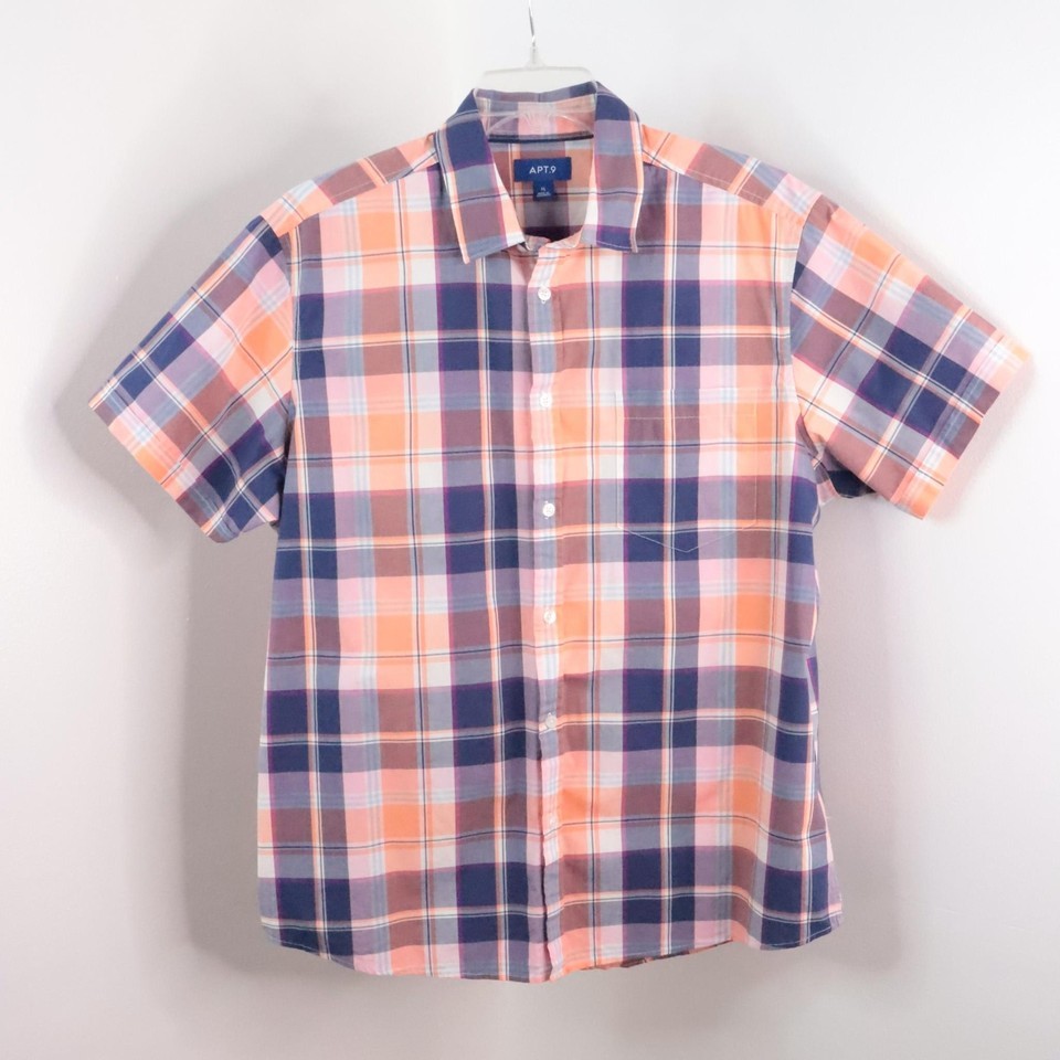 Apt. 9 Men&#39;s XL Peach Blue Plaid Cotton Stretch Button-Up Short Sleeve S... - £6.68 GBP