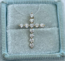 CZ Moissanite 1.40Ct Round Cut Cross Pendant 14k Yellow Gold Plated Silver 18 - £108.23 GBP