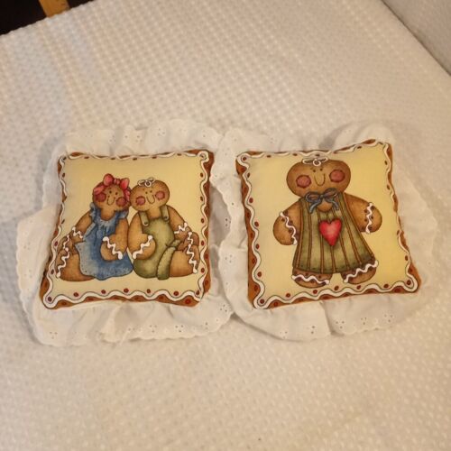 Primary image for Handmade Gingerbread Boy & Girl Two Vtg Christmas Pillows Eyelet Lace Trim 9x8.5