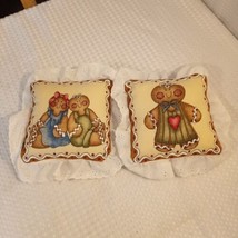 Handmade Gingerbread Boy &amp; Girl Two Vtg Christmas Pillows Eyelet Lace Tr... - £7.43 GBP