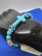 Natural Turquoise Beads 8mm Beaded Stretch Bracelet With Cross. Approx 6.5-7&quot; - £12.76 GBP
