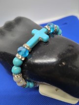 Natural Turquoise Beads 8mm Beaded Stretch Bracelet With Cross. Approx 6.5-7" - £12.79 GBP