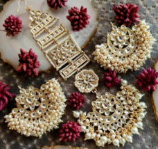 Bollywood Style Indian Bridal Pearl Kundan Tikka Stud Earrings Jewelry Set - £30.36 GBP