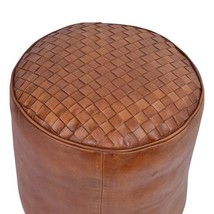 Round Tan Leather Ottoman ,  extra seating , floor cushion , stool , Footstool,  - £199.83 GBP