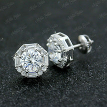 4Ct Round Cut VVS1 Diamond Halo Screw back Stud Earrings 14k White Gold Finish - £75.07 GBP