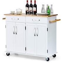 White Kitchen Cart Island with Wood Top 2 Drawers and Bottom Storage Cab... - $442.49