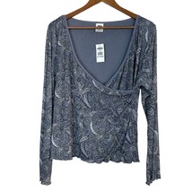 Old Navy Top Women XXL Gray Paisley Faux Wrap Long Sleeve Lettuce Trim V-Neck - £15.74 GBP