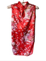 Girls Asian Floral Satin Kimono Dress Size 10 Red Keyhole Neckline Side ... - £8.69 GBP