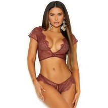 Lace Cami Crop Top Short Sleeves Plunging Neck Crotchless Panty Set 30046 - £18.71 GBP