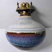 Early Bill Campbell Art Pottery Hurricane Oil Lamp Large Studio Blue Drip Glaze - £178.05 GBP